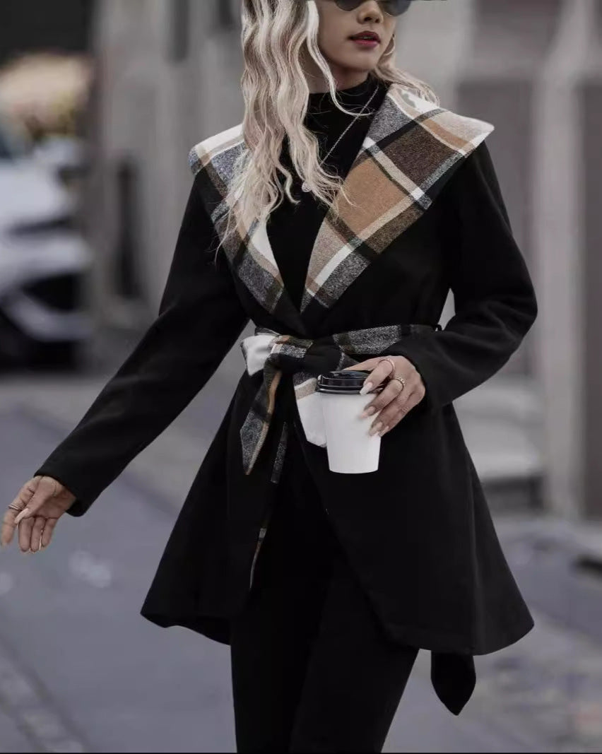 Lace-Up Plaid Color Block Wool Trench Coat