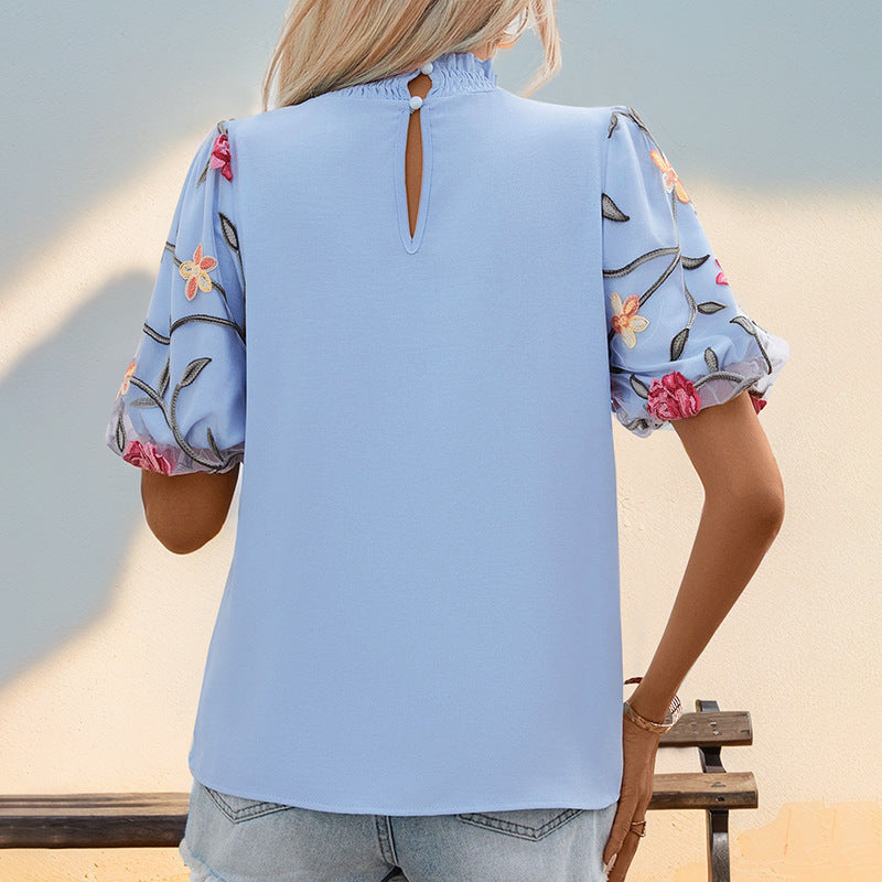 Embroidered Mesh Stitching Shirt