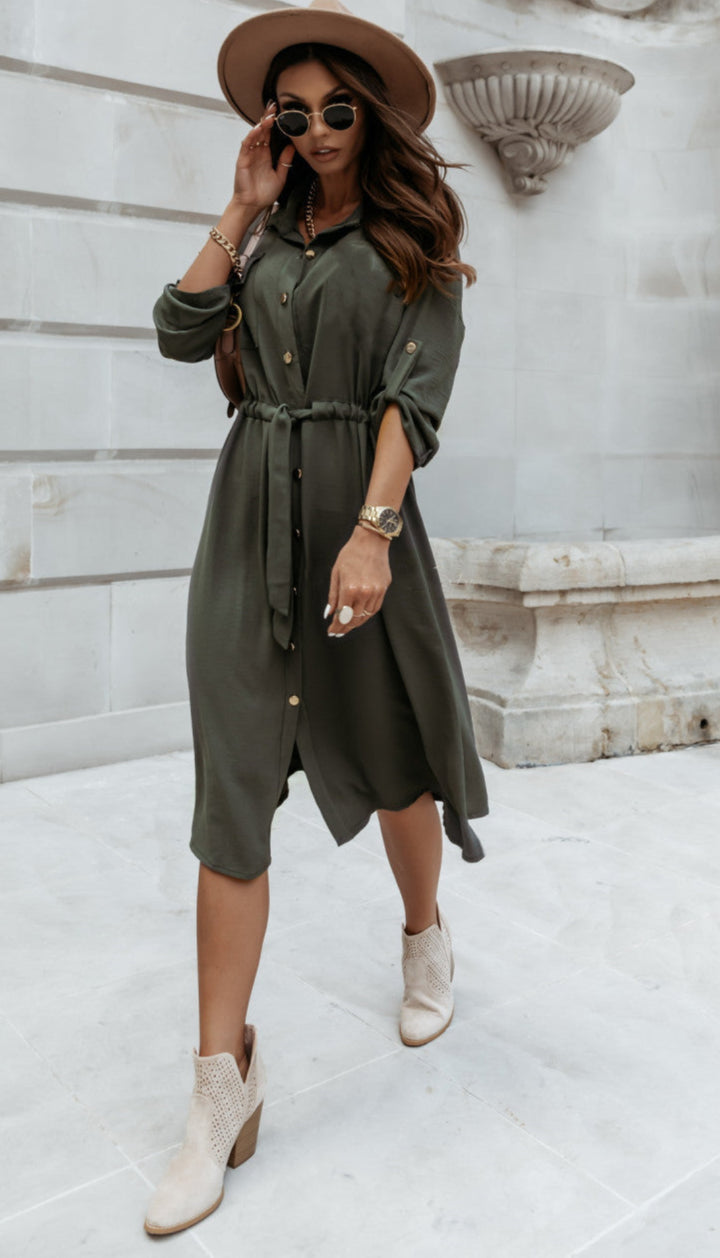 V-Neck Lace-Up Dress Round Sleeve Button Waist Casual Midi Dress
