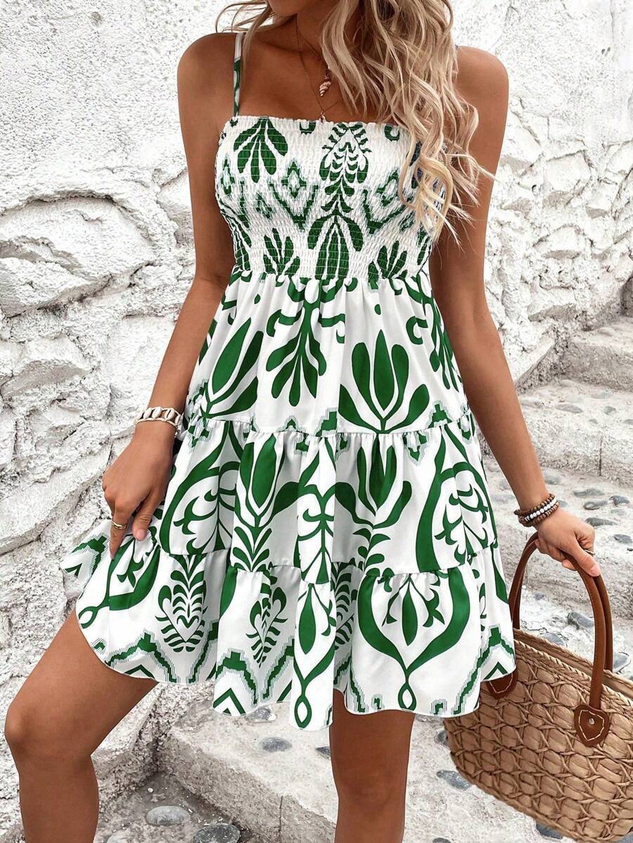 Plant Print Gathered Cami Dress