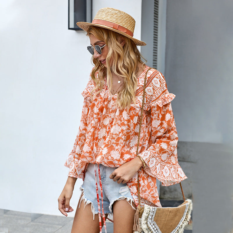 Bohemian Ruffled V-Neck Top – Flared Sleeve Blouse