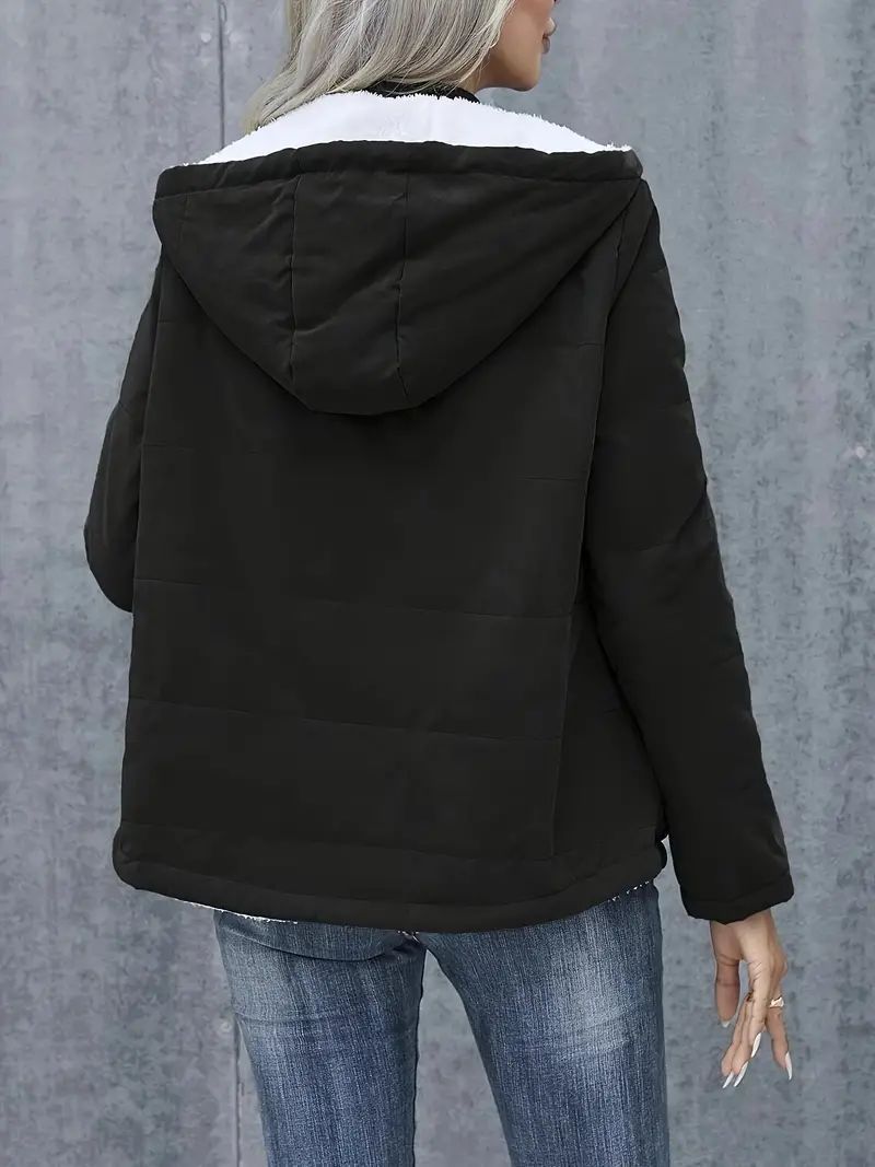 Fleece-Lined Hooded Coat – Winter Preppy Long Sleeve Jacket with Pockets