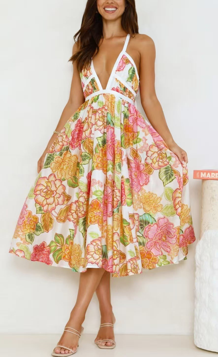 Floral Swing Dress V-Neck Lace-Up Summer Vacation Dress