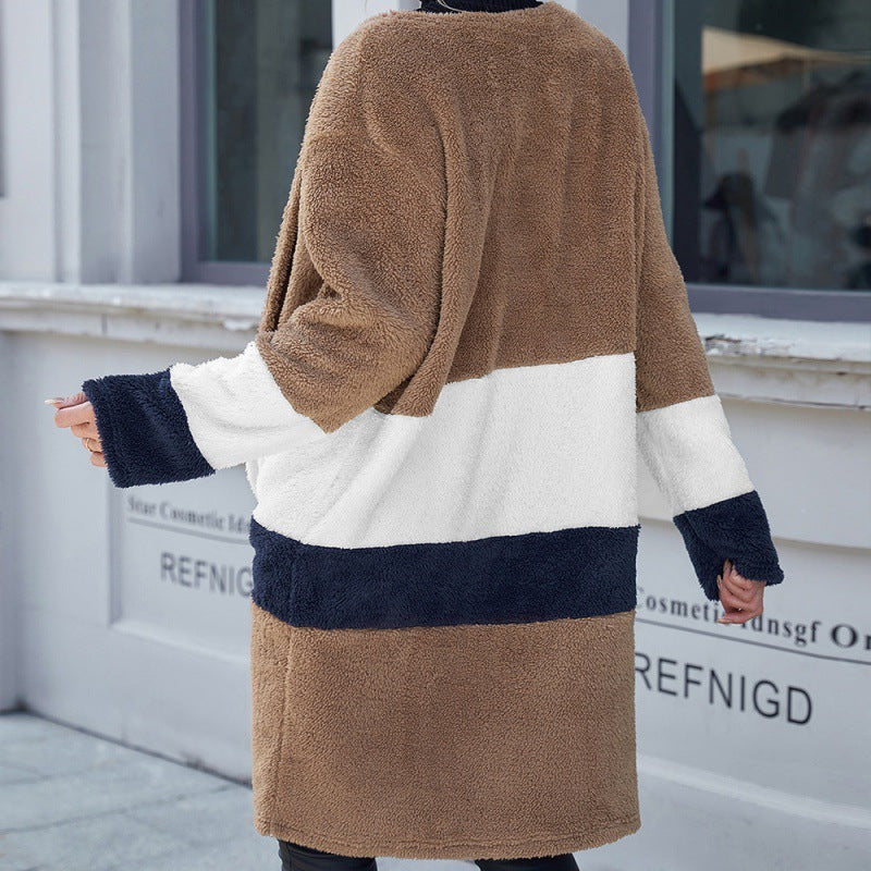 Double-Sided Woolen Blocking Mid-Length Cardigan
