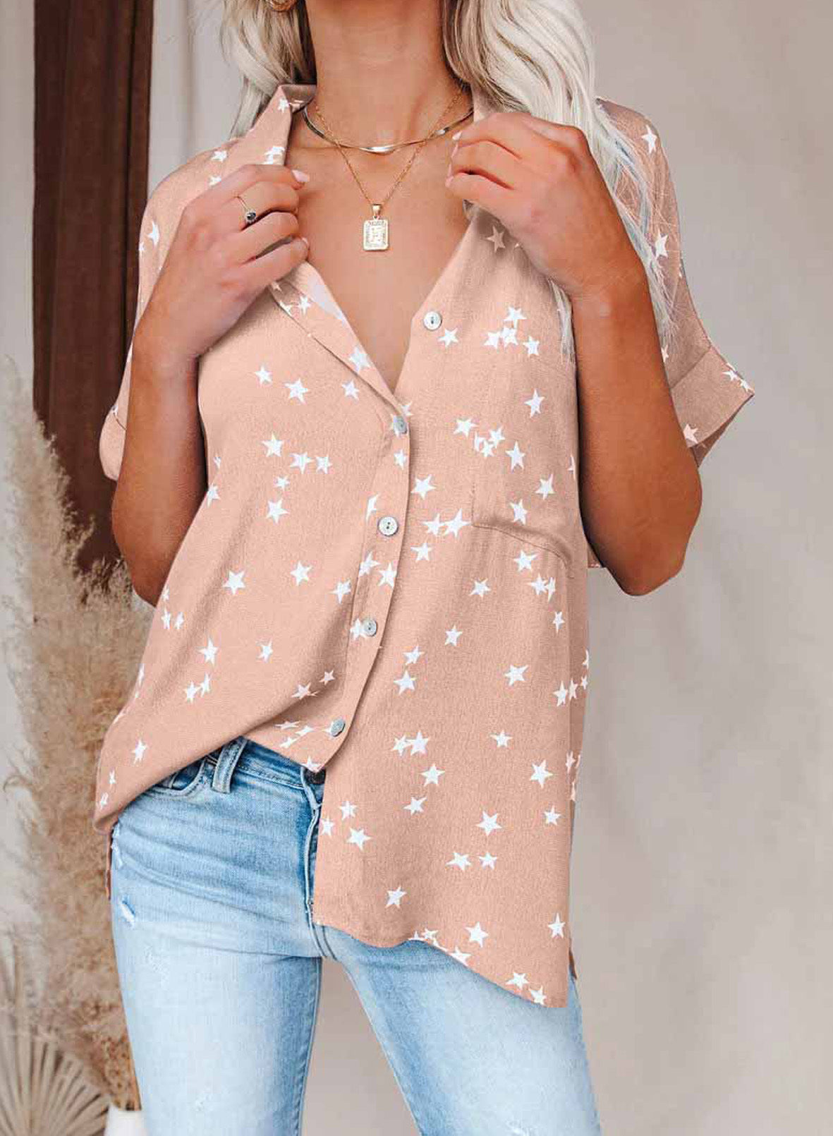 Star Print V-Neck Button-Up Short Sleeve Batwing Shirt
