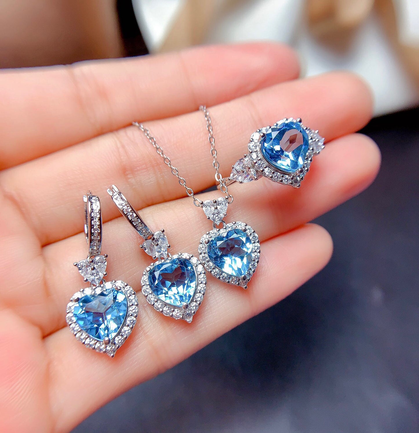 Topaz Blue Ring & Eardrop Set Pendant