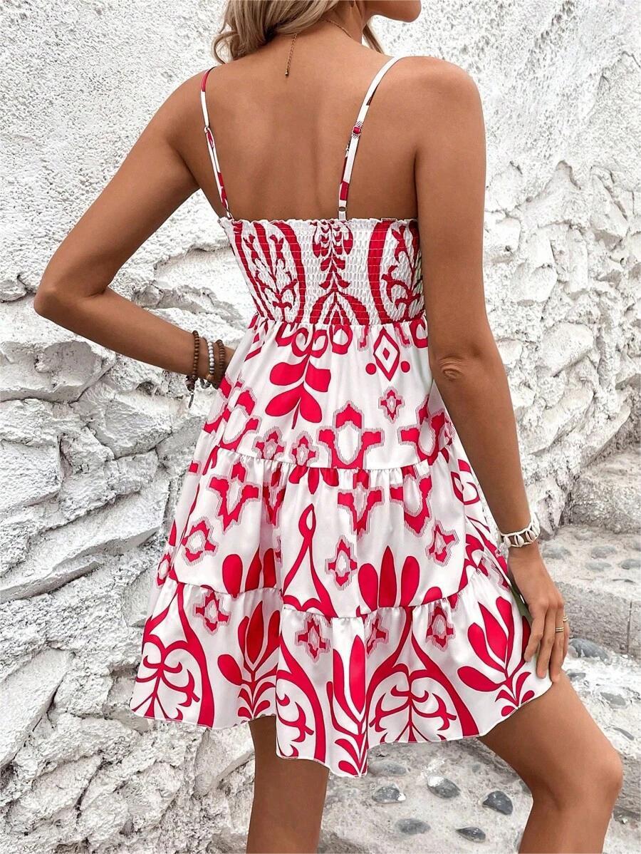 Plant Print Gathered Cami Dress