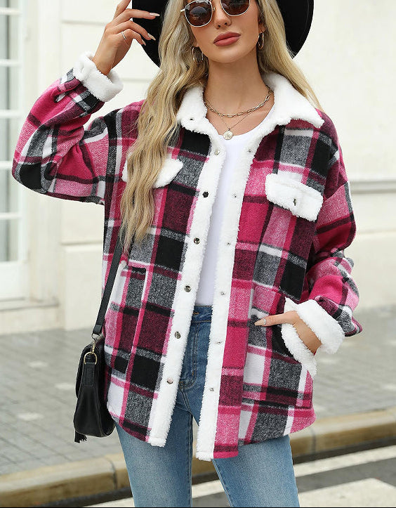 Plaid Velvet Jacket Polo Collar