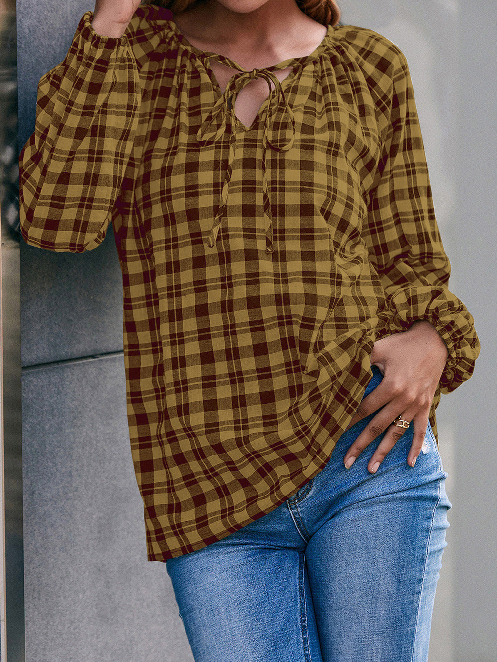 Casual Loose Fit Long-Sleeve Check V-Neck Tie Front Shirt Top