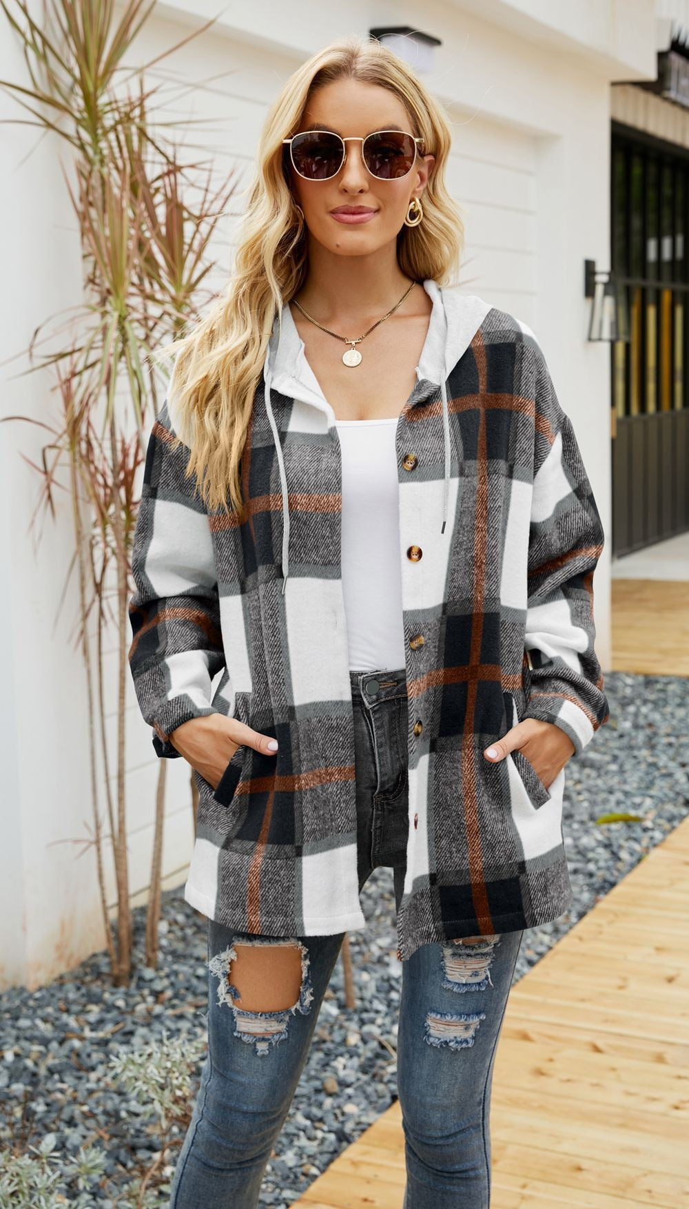 Plaid Hooded Coat Casual Loose Shirt Jacket