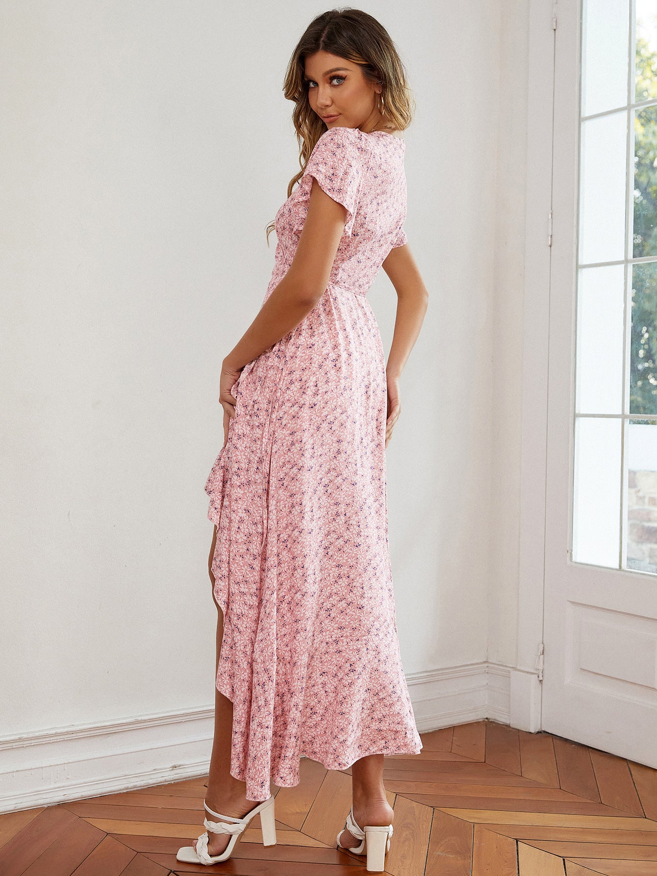 Floral Swing Dress Irregular Hem V-Neck