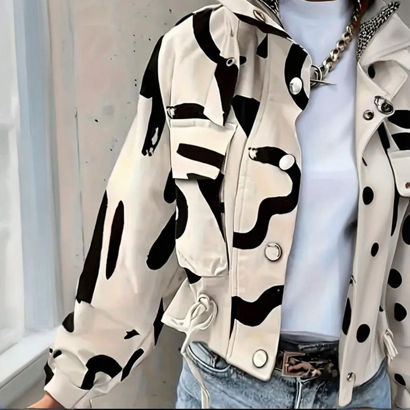 Stand Collar Long Sleeve Jacket Button & Zipper Short Coat with Pockets