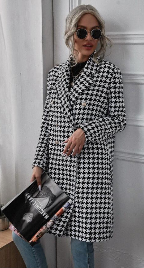 Mid-Length Houndstooth Double-Breasted Printed Jacket