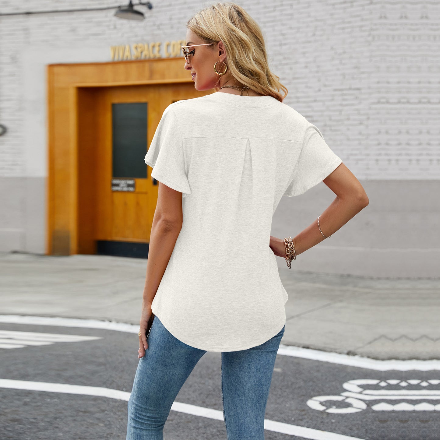 V-Neck Flutter Sleeve Swallowtail T-Shirt