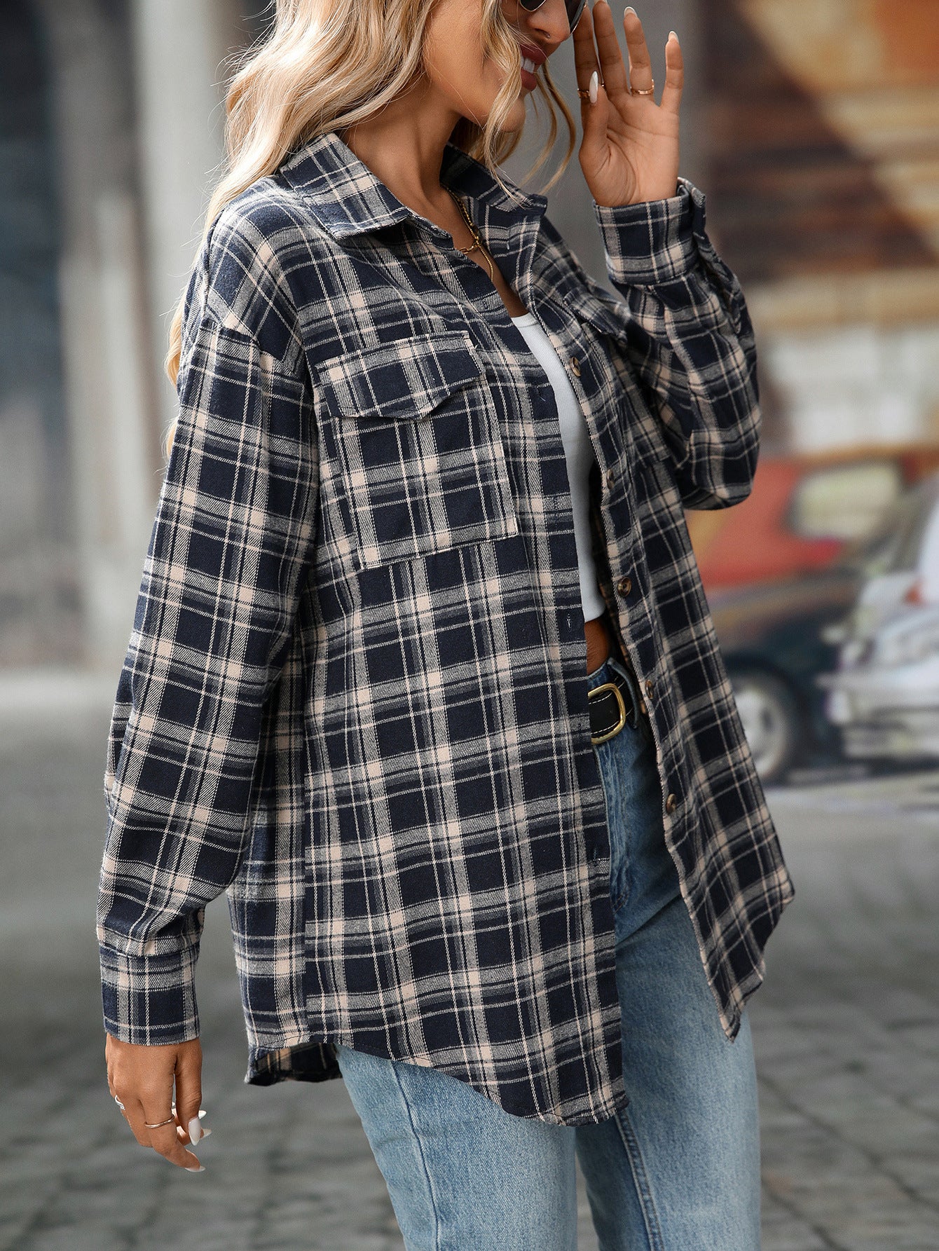 Loose Plaid Shirt Pocket Button