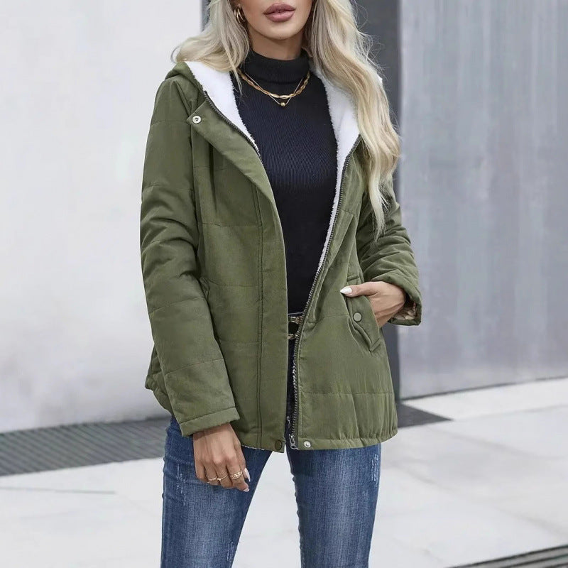 Fleece-Lined Hooded Coat – Winter Preppy Long Sleeve Jacket with Pockets
