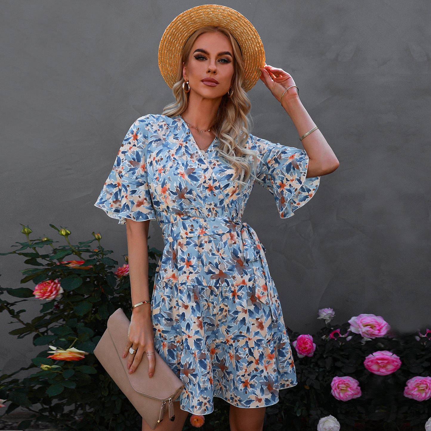 European And American V-neck Short-sleeved Ruffled Floral Dress