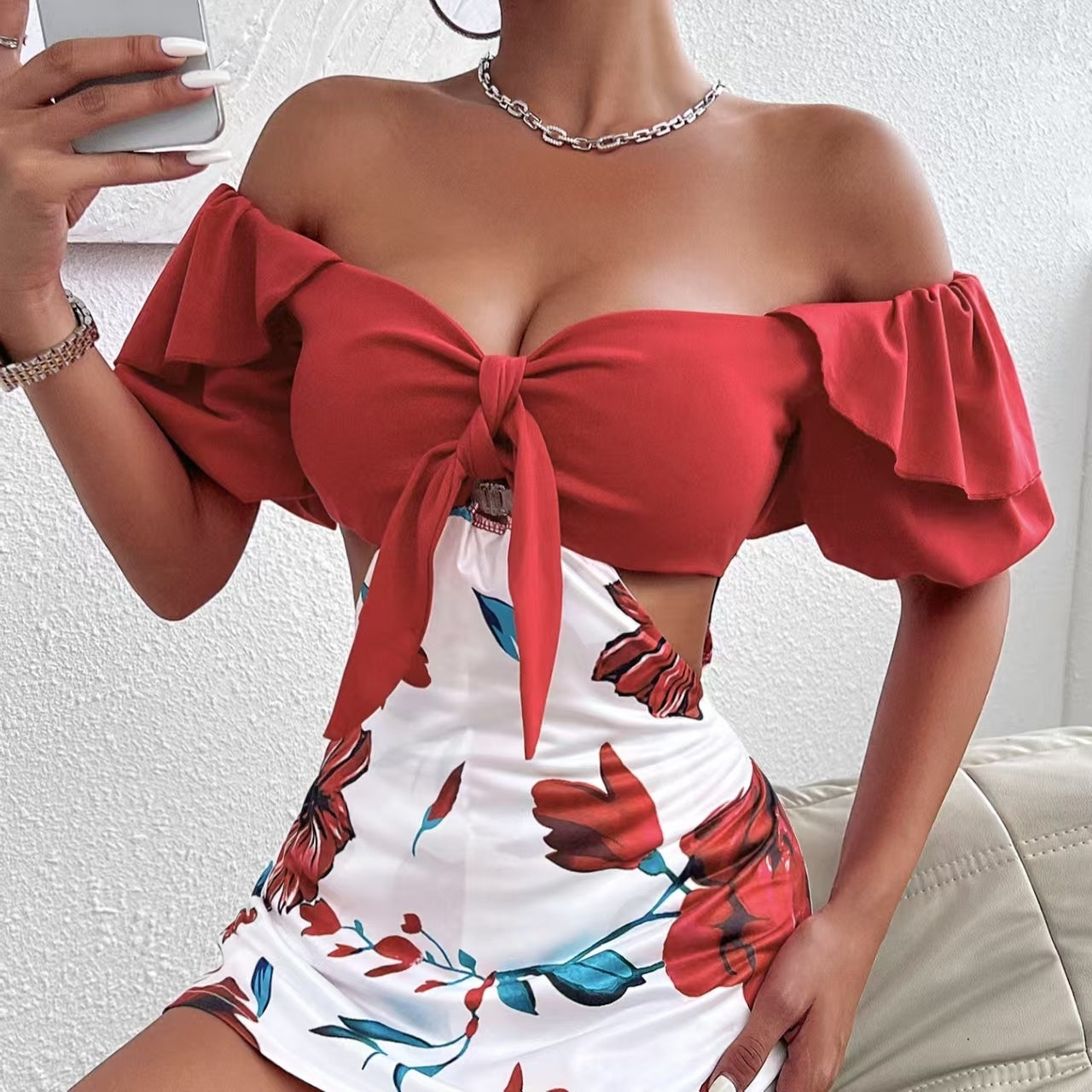 Floral Print Off-Shoulder Jumpsuit Knot