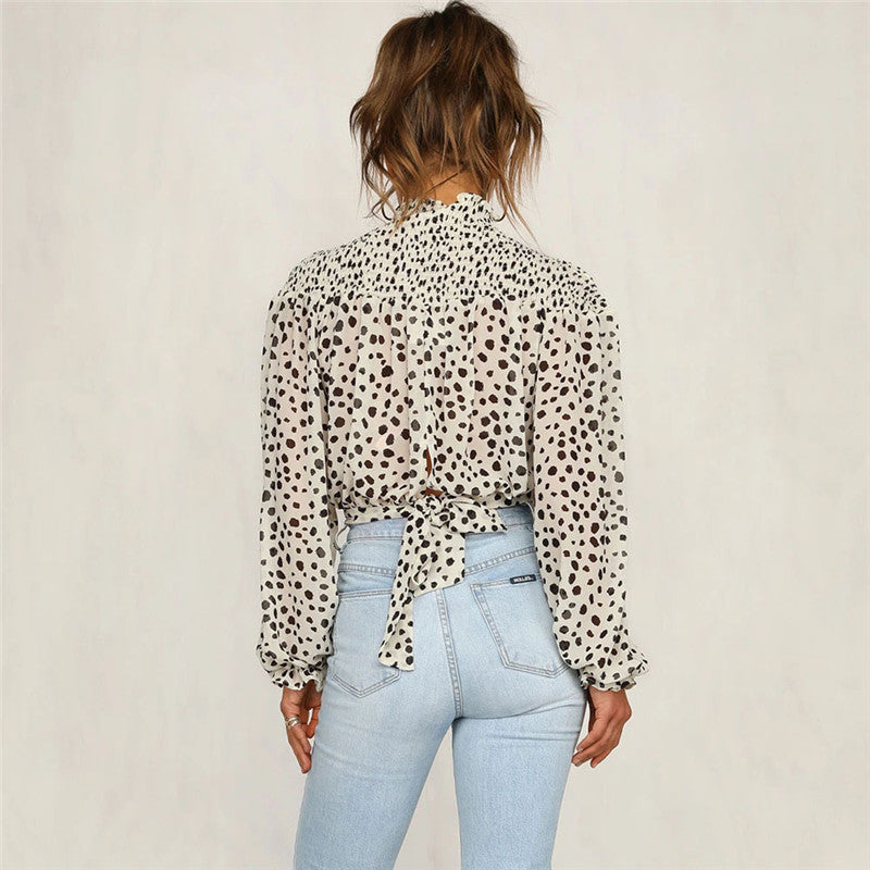 Polka Dot Chiffon Blouse – Tie Back High Neck Top