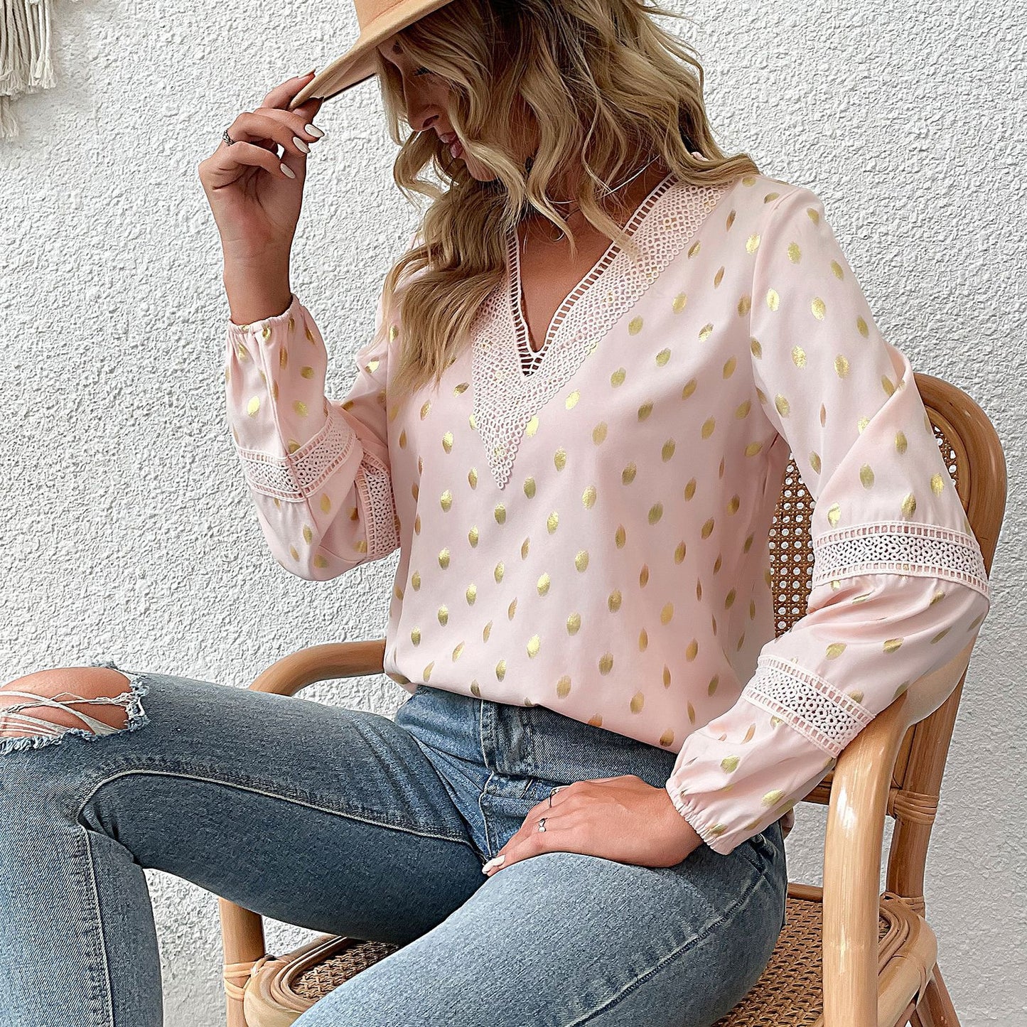 Polka Dot Blouse Hollow Lace Long Sleeve V-Neck