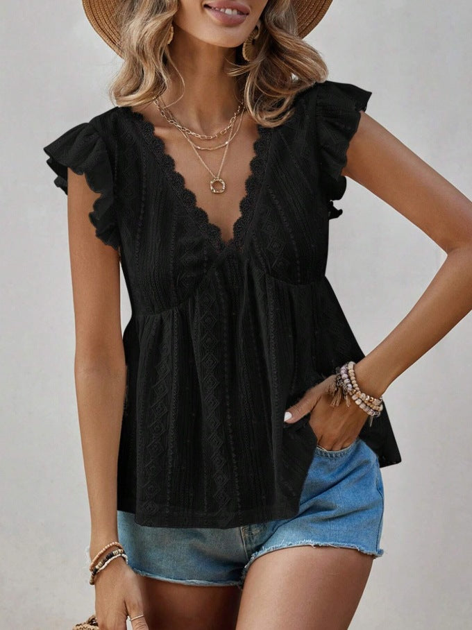Hollowed-Out V-Neck Lace Top Ruffled Short Sleeve