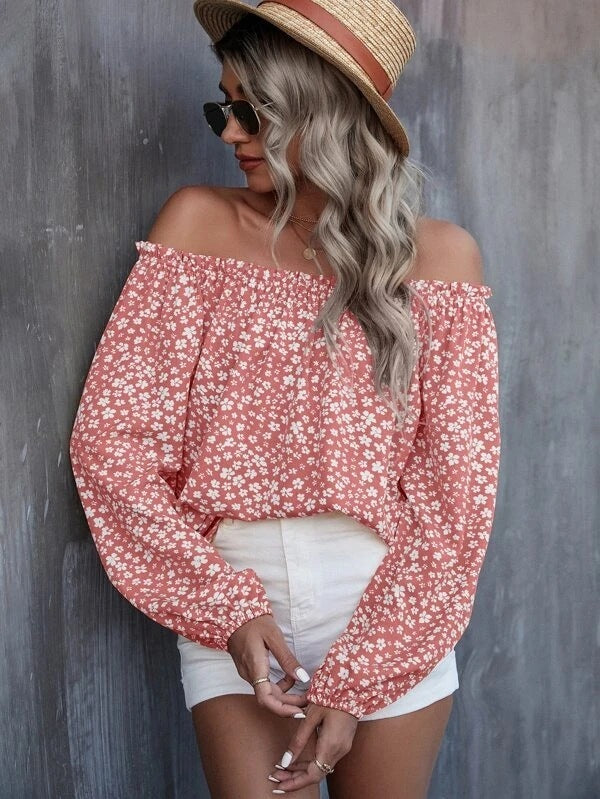 Off-Shoulder Printed Long Sleeve Loose Shirt