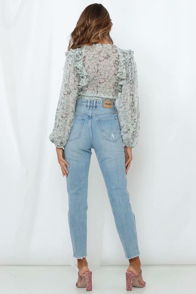 Floral Print Top with Long Sleeves and Deep V-neck Tie