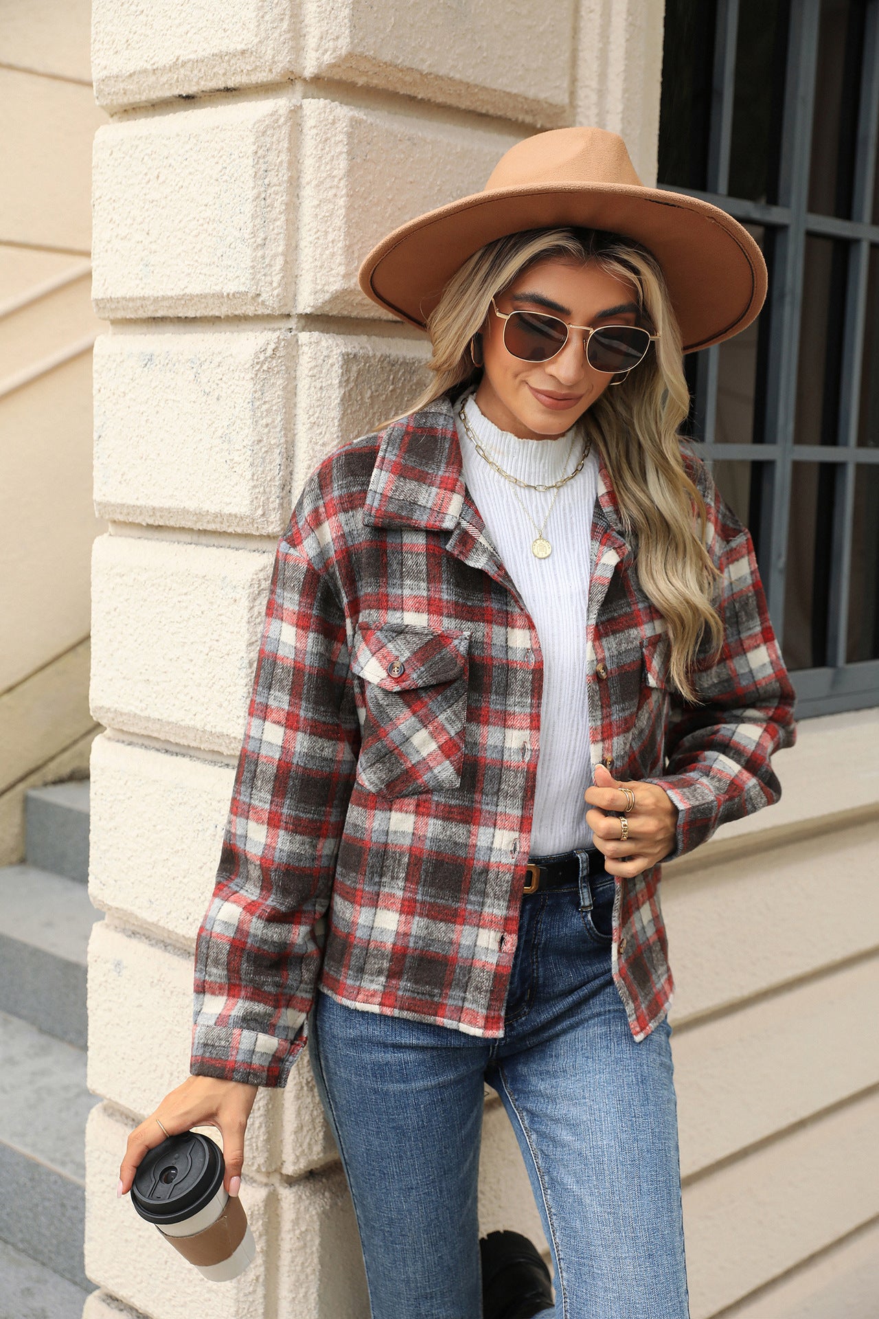Lapel Plaid Button Loose Long-sleeved Woolen Coat