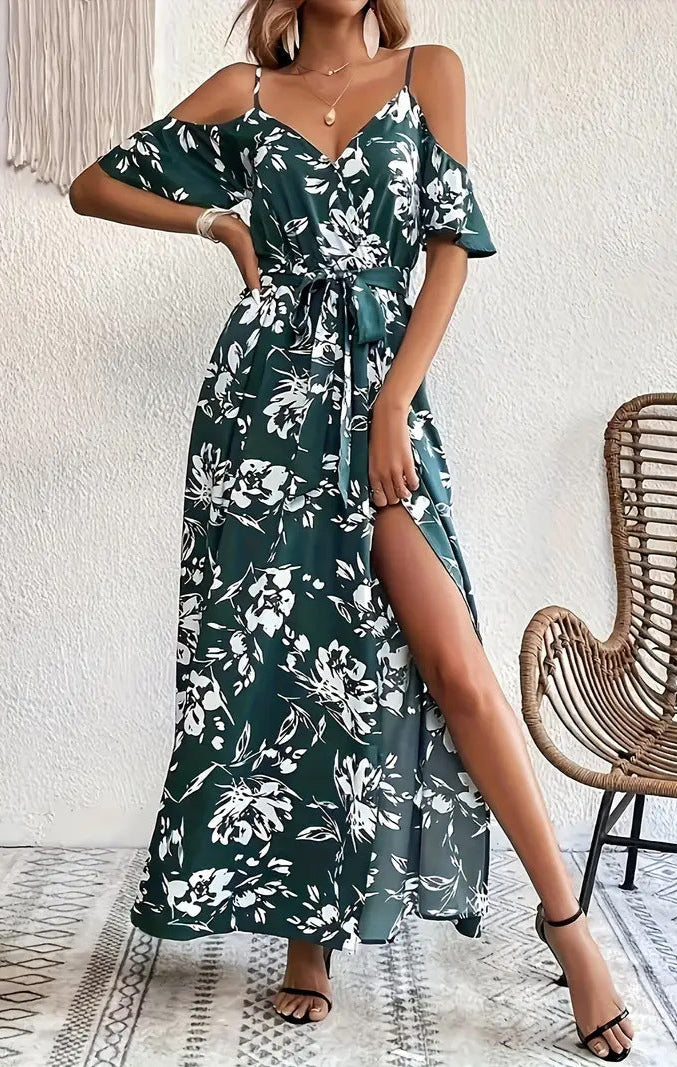 Flower Print Split Suspender Dress Lace-Up Long