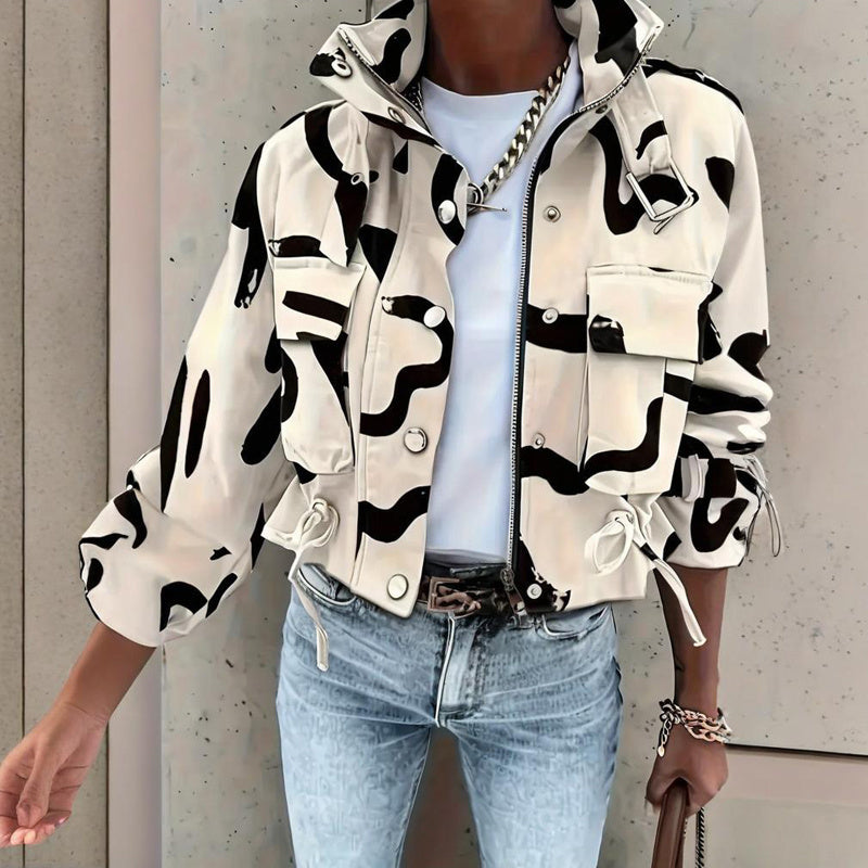 Stand Collar Long Sleeve Jacket Button & Zipper Short Coat with Pockets