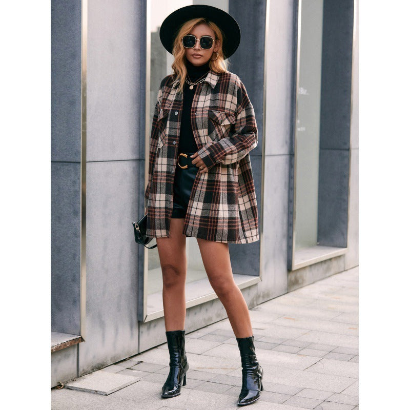 Plaid Single-Breasted Trench Coat Mid-Length Shirt Jacket