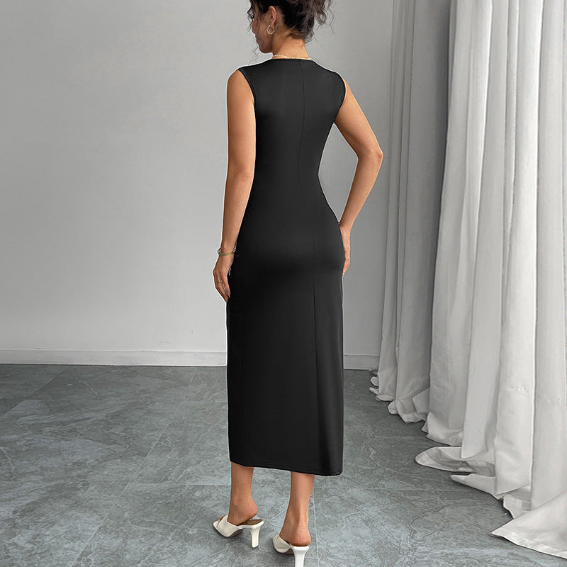 Black Sleeveless Dress with Bow – Milk Silk Fabric