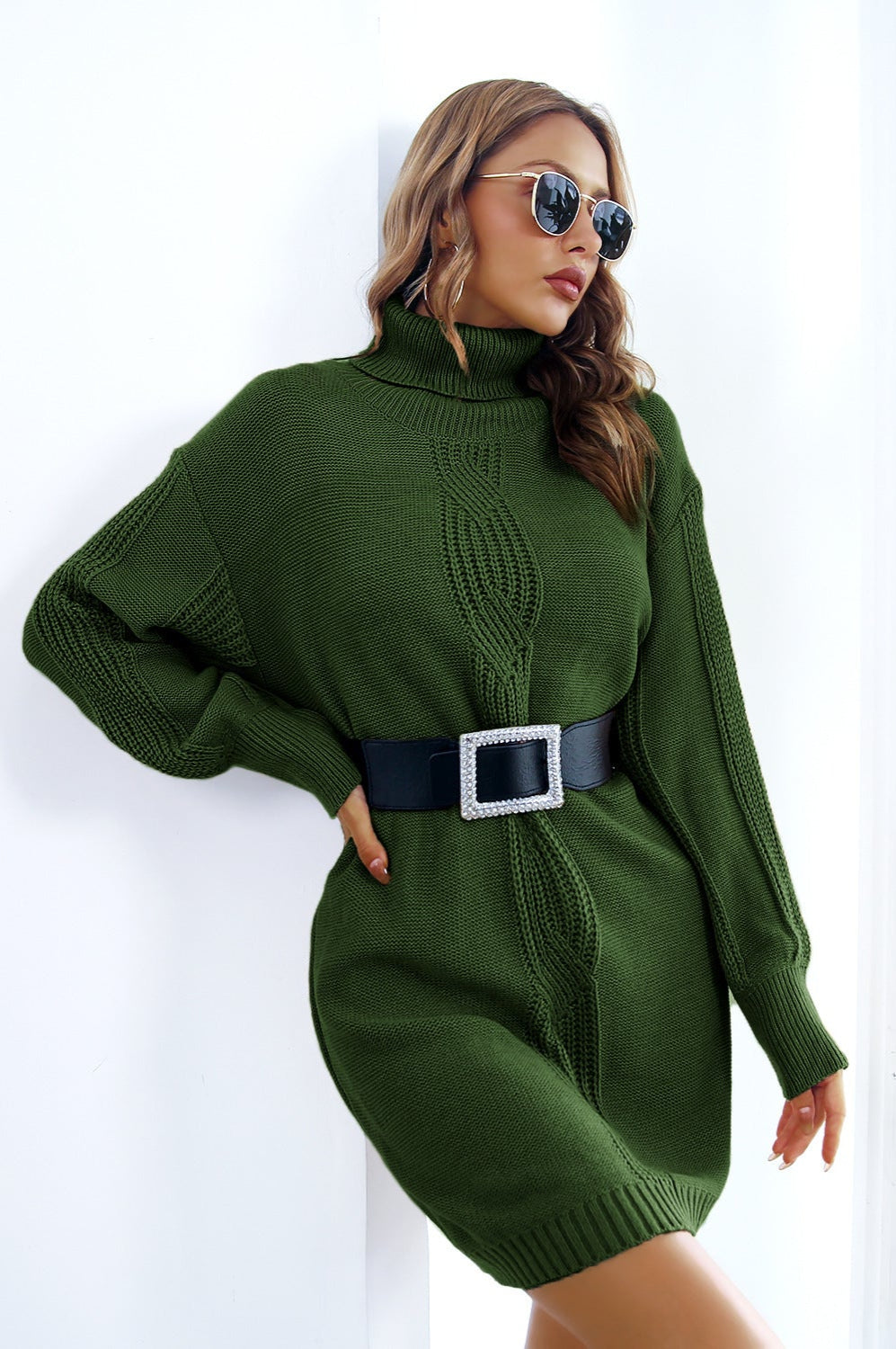 Turtleneck Sweater Dress Twist Knit Lantern Sleeve