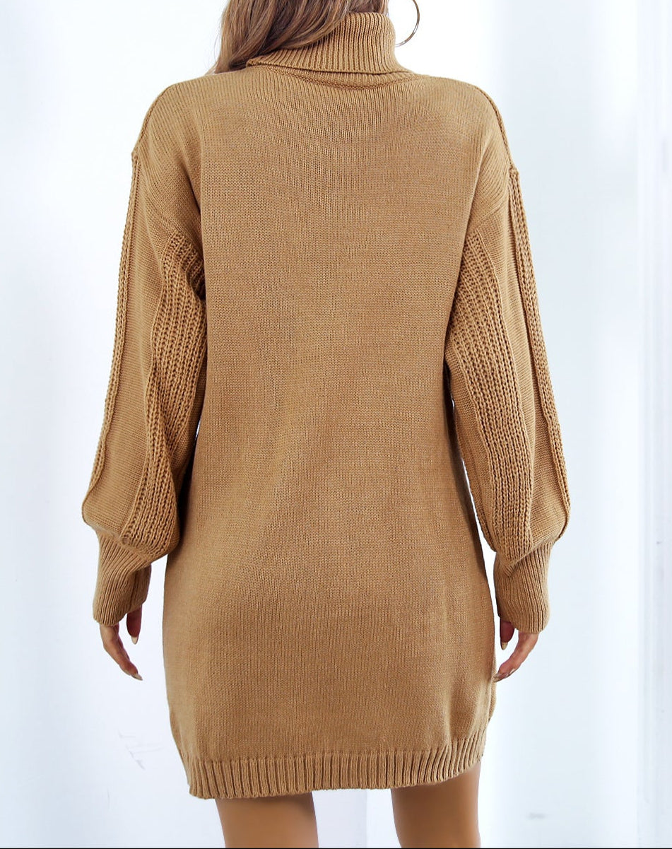 Turtleneck Sweater Dress Twist Knit Lantern Sleeve
