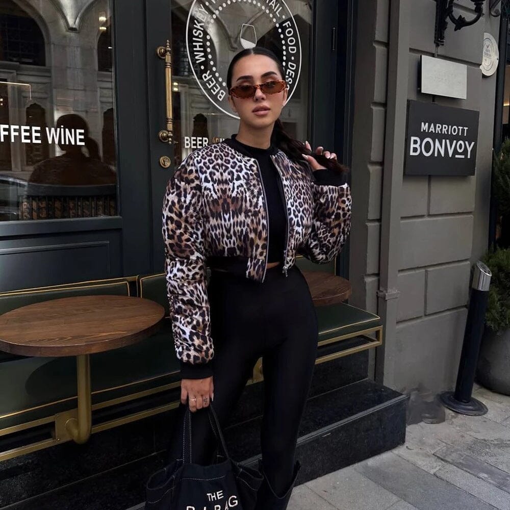 Color Effect Collar Short Zipper Jacket Coat Leopard Tops VAYORK STARS Zy4518 Brown L