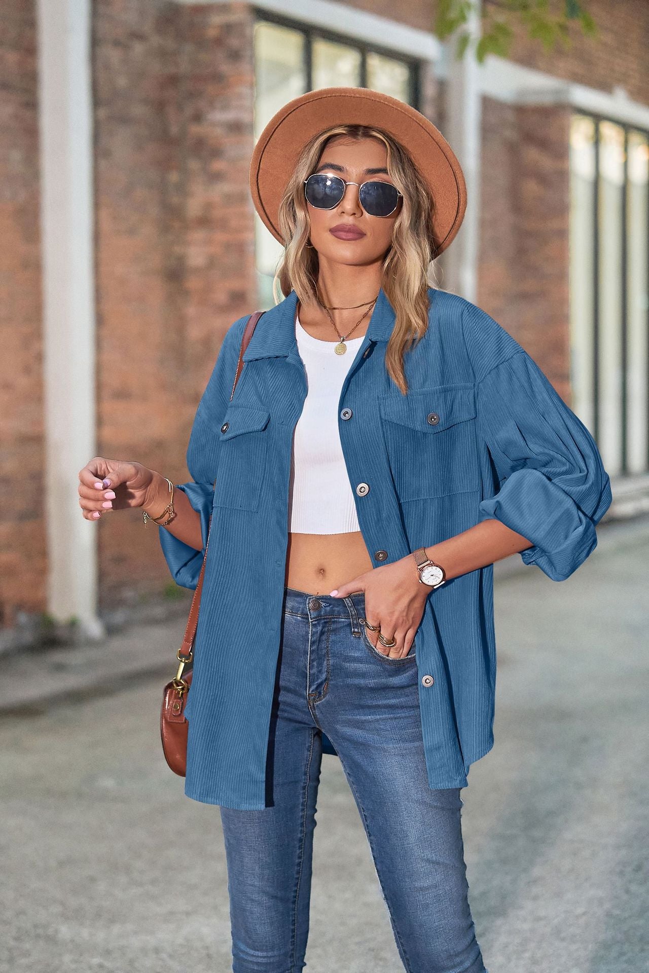 Loose Corduroy Shirt Lantern Sleeve