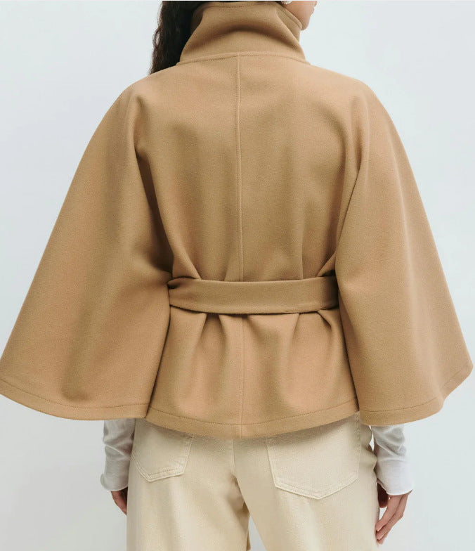Solid Color Trench Coat Stand Collar Cloak with Button & Belt Elegant Outerwear