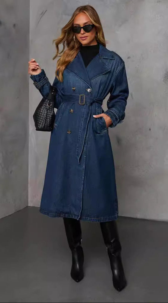 Retro Denim Wide Trench Coat Fashionable Casual Elegant Long Coat
