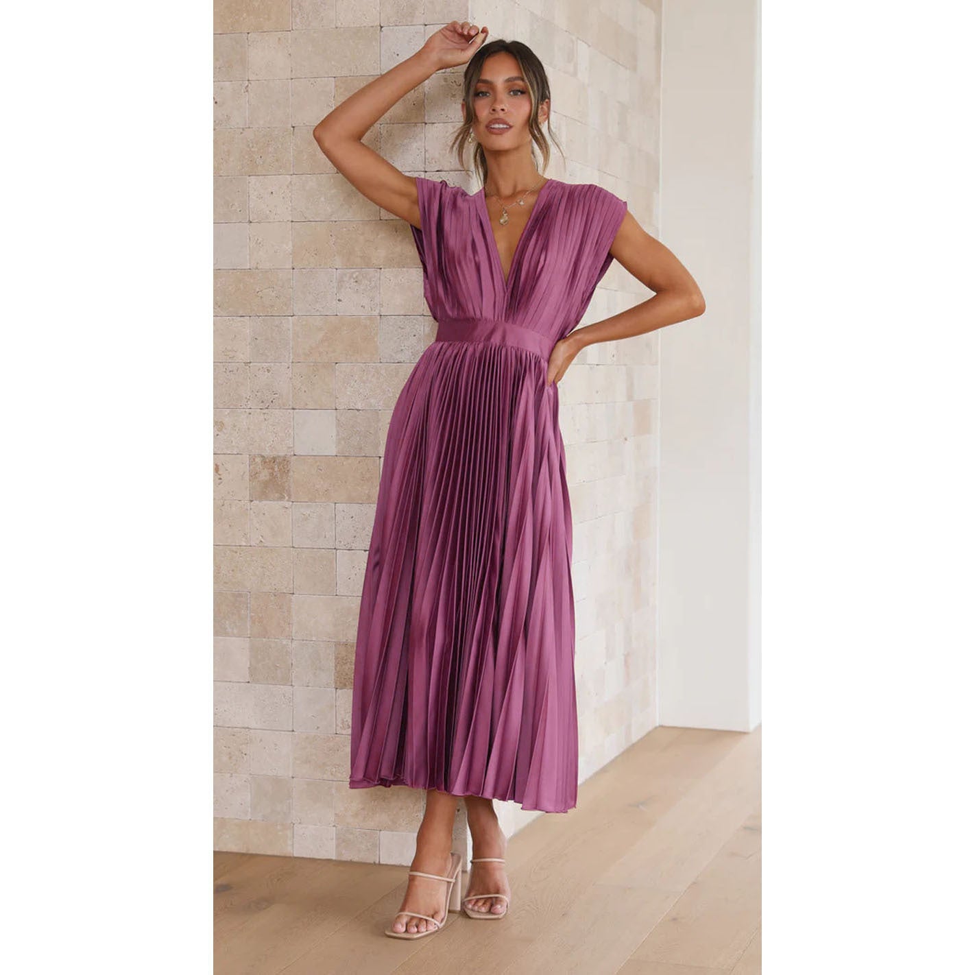 V-Neck Pleated Dress Loose Zip-Up Dress