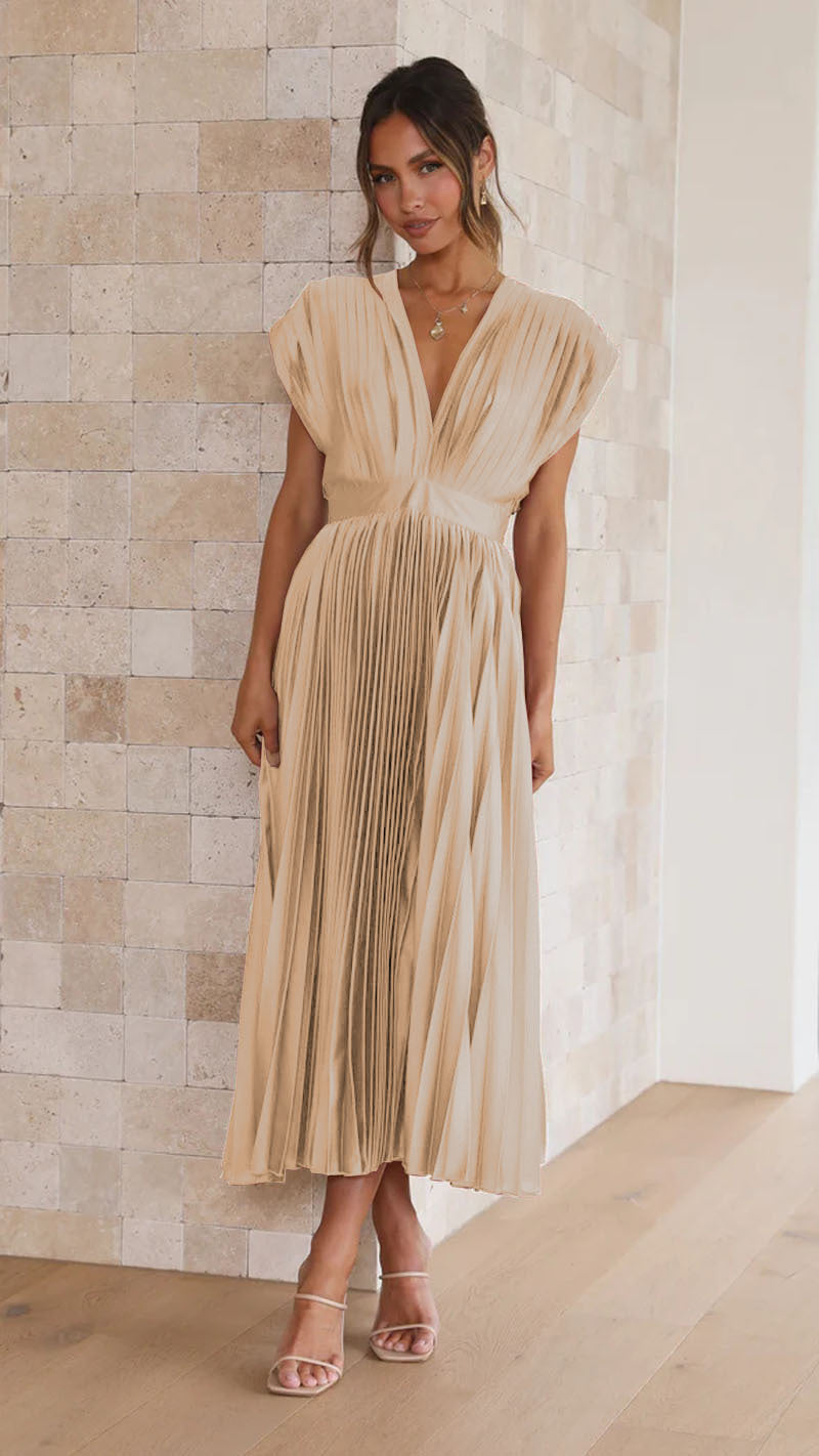 V-Neck Pleated Dress Loose Zip-Up Dress