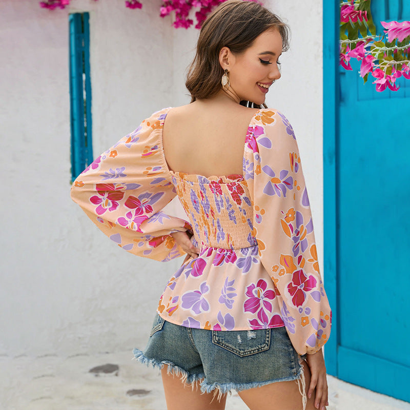Long Sleeve Chiffon Shirt – Square Neck, Floral Print, Lantern Sleeves, Loose Fit Top