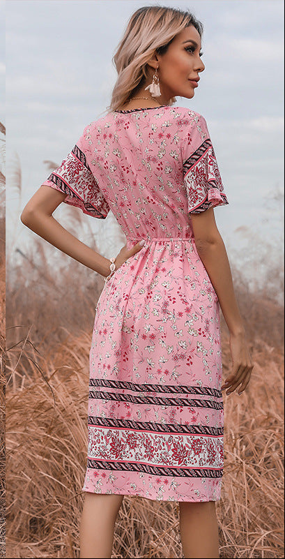Floral Lace-Up Slim Fit Short-Sleeve V-Neck Dress