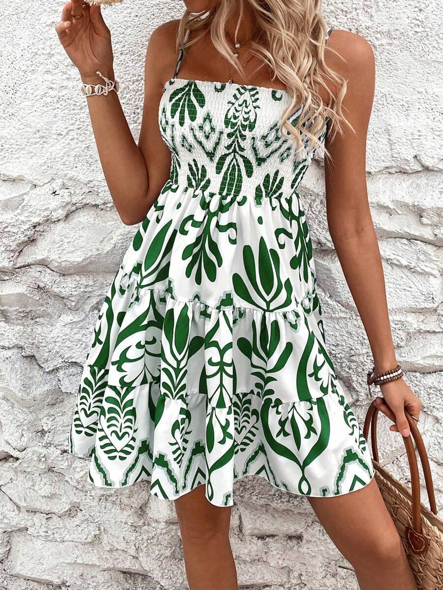 Plant Print Gathered Cami Dress