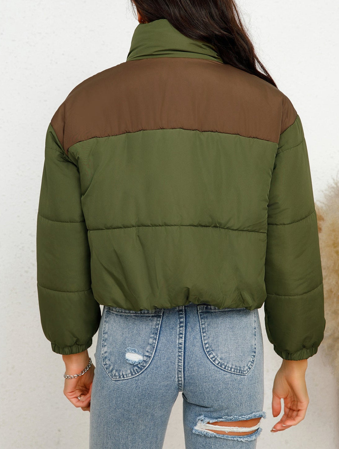 Solid Cotton-Padded Jacket Round Neck Long Sleeve with Zipper & Pockets