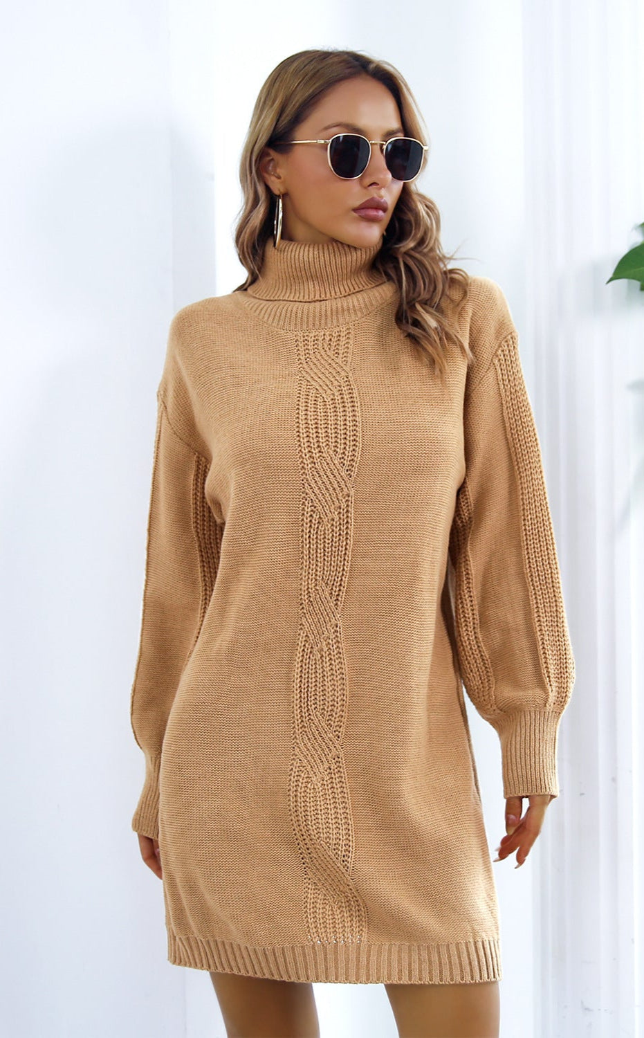 Turtleneck Sweater Dress Twist Knit Lantern Sleeve