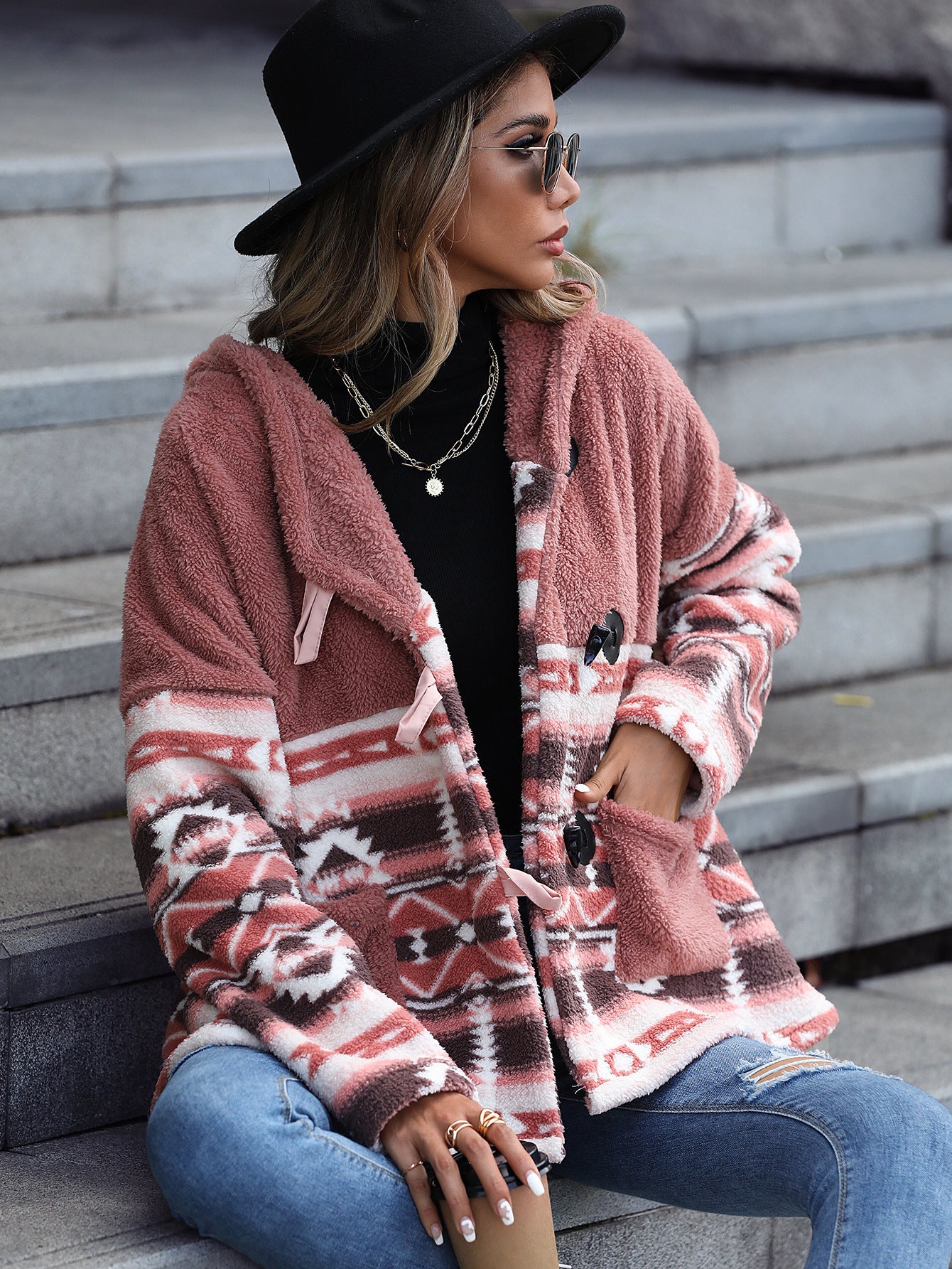 Hooded Long-Sleeve Jacket Geometric Print with Buttons