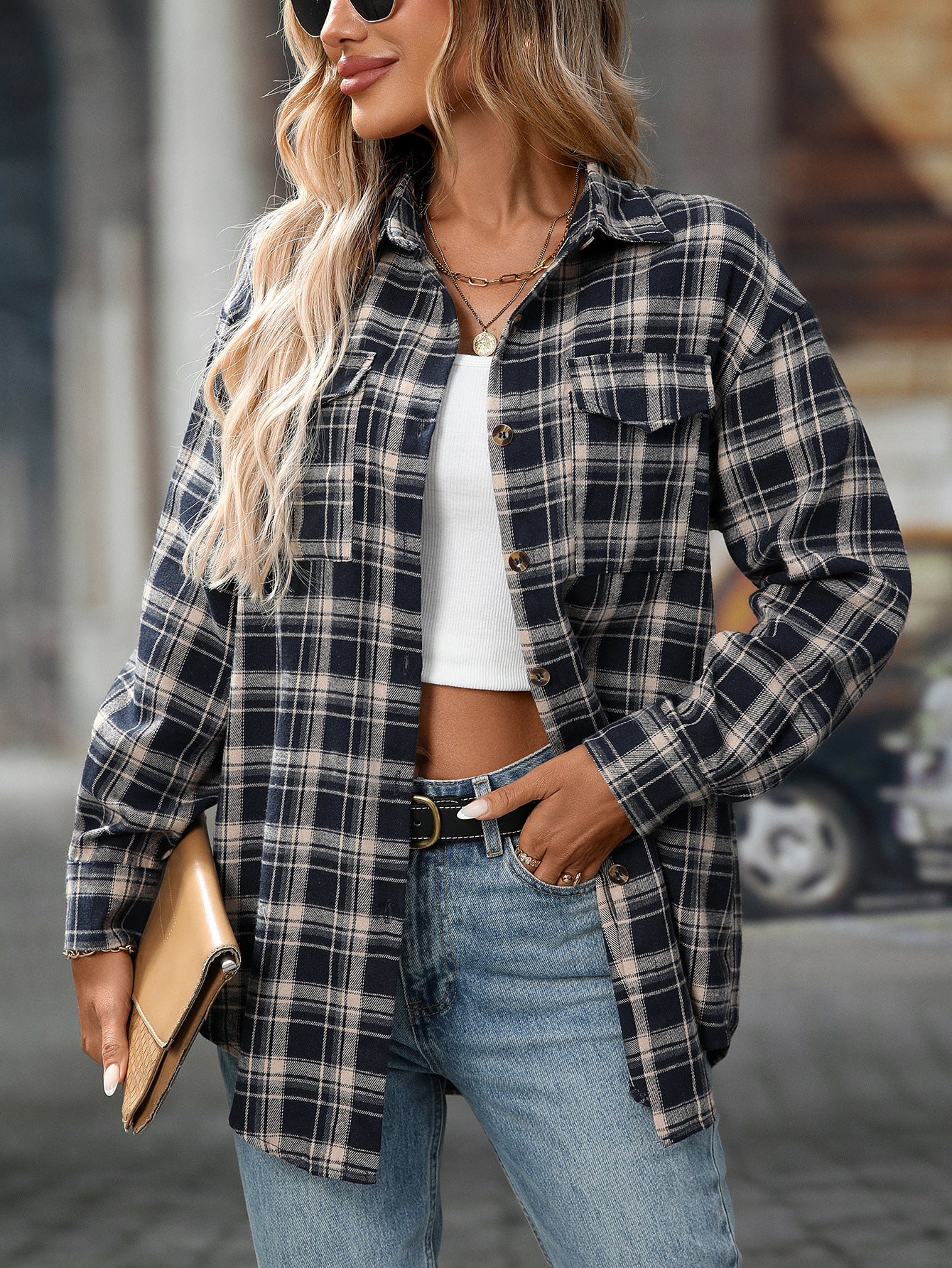Loose Plaid Shirt Pocket Button
