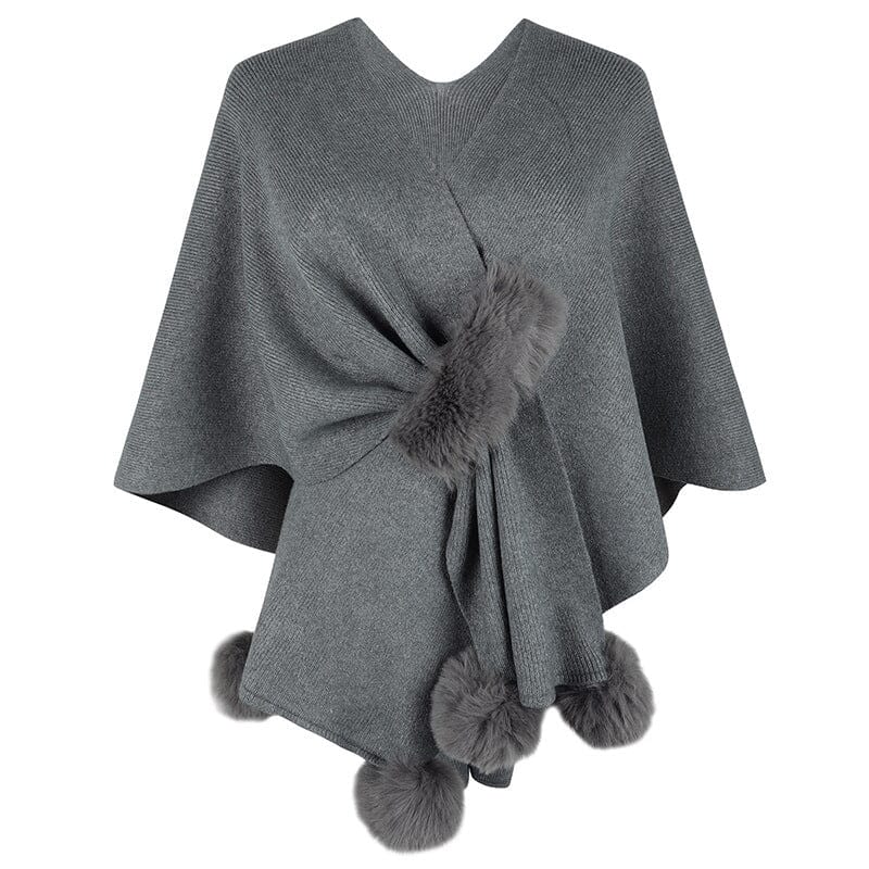 Surplice Neck Pom-Pom Trim Poncho Sweaters & loungewear VAYORK STARS Charcoal One size