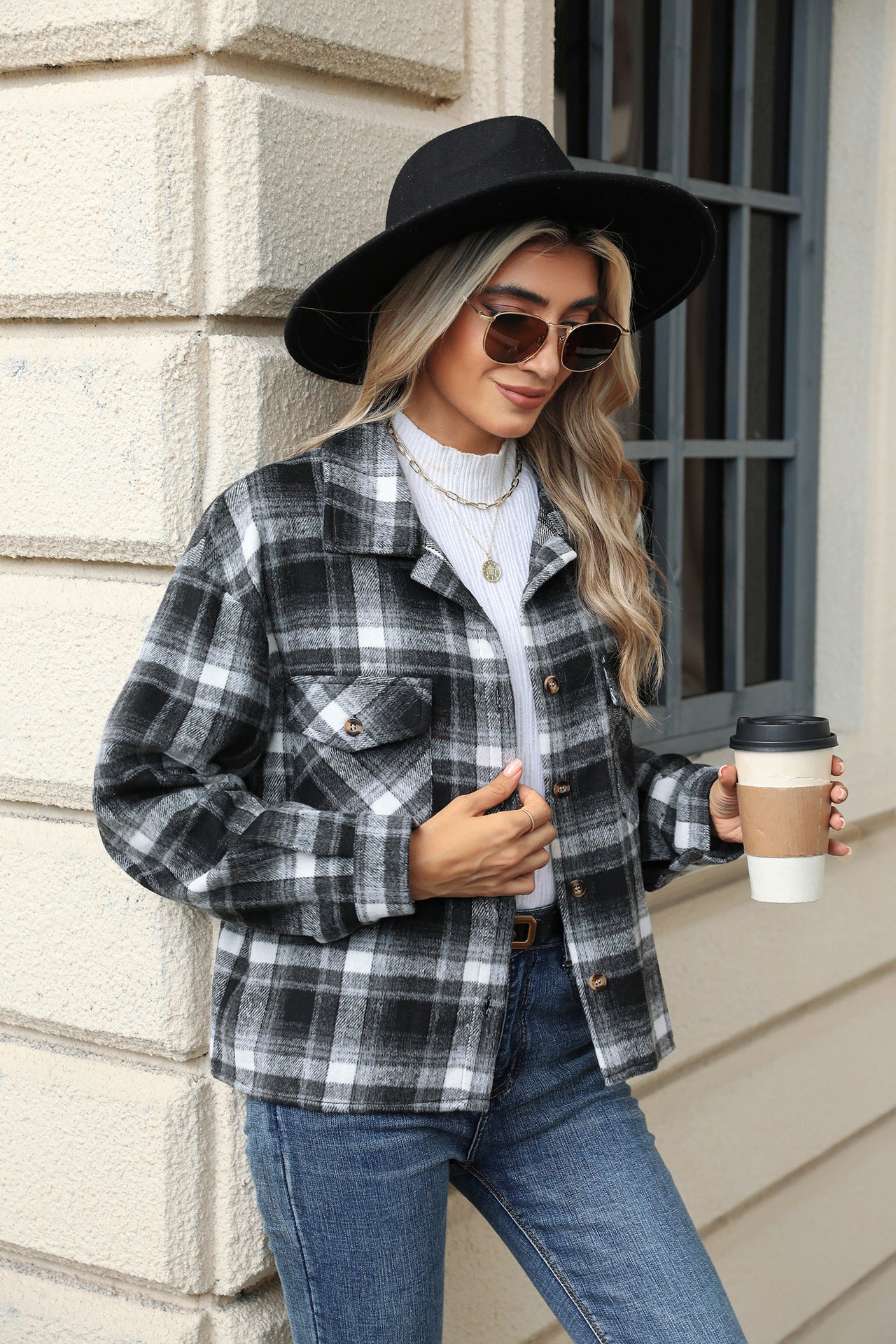 Lapel Plaid Button Loose Long-sleeved Woolen Coat
