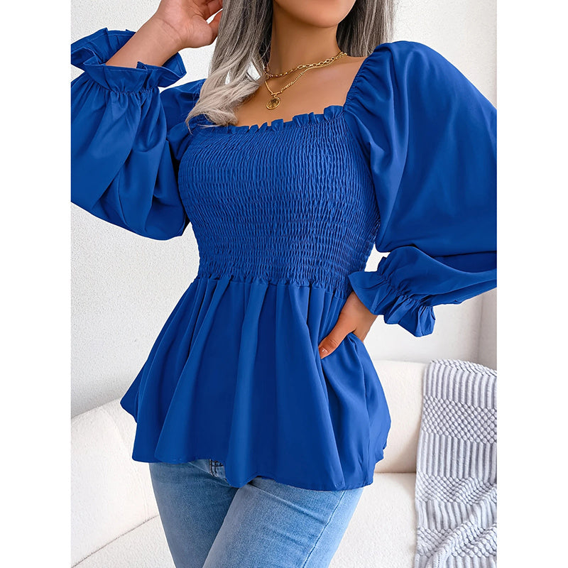 Peplum Tops Square Neck Ruffle Trim Long Sleeve Blouse Smocked Top Dressy
